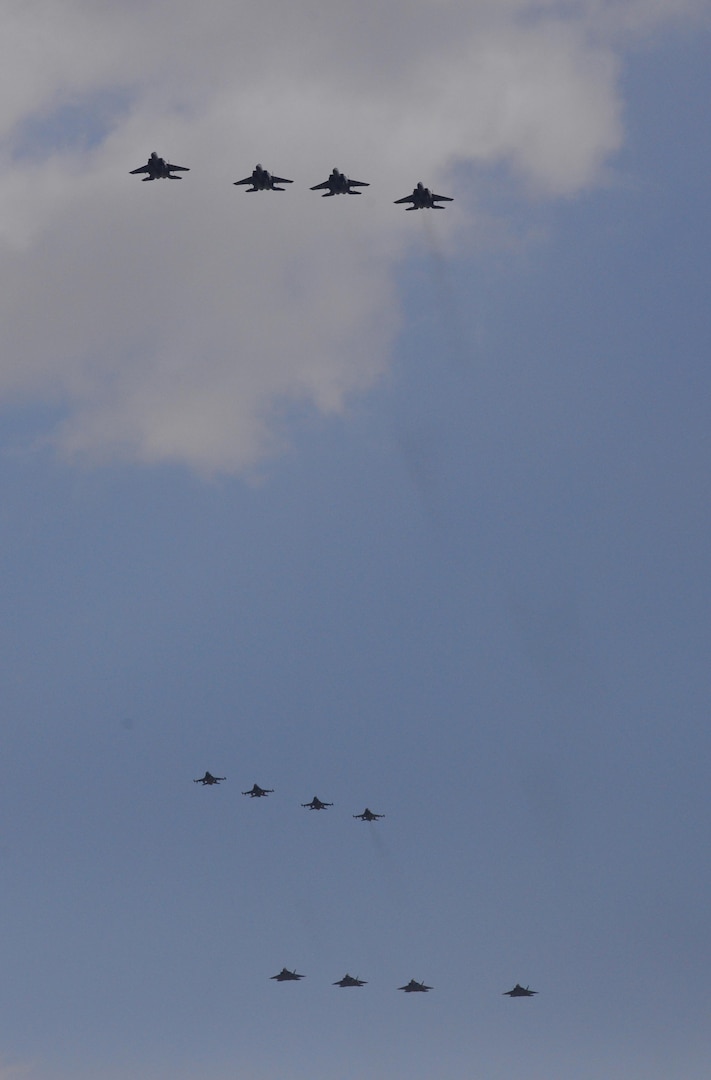 Four U.S. Air Force F-22 "Raptor" fighter aircraft from Kadena Air Base, Japan, conducted a flyover in the vicinity of Osan Air Base, South Korea, in response to recent provocative action by North Korea Feb. 17, 2016. The Raptors were joined by four F-15 Slam Eagles and U.S. Air Force F-16 Fighting Falcons. The F-22 is designed to project air dominance rapidly and at great distances and currently cannot be matched by any known or projected fighter aircraft.  
(U.S. Air Force photo by Staff Sgt. Amber Grimm/Released)