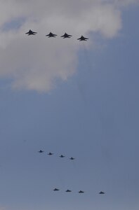 Four U.S. Air Force F-22 "Raptor" fighter aircraft from Kadena Air Base, Japan, conducted a flyover in the vicinity of Osan Air Base, South Korea, in response to recent provocative action by North Korea Feb. 17, 2016. The Raptors were joined by four F-15 Slam Eagles and U.S. Air Force F-16 Fighting Falcons. The F-22 is designed to project air dominance rapidly and at great distances and currently cannot be matched by any known or projected fighter aircraft.  
(U.S. Air Force photo by Staff Sgt. Amber Grimm/Released)