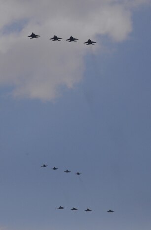 Four U.S. Air Force F-22 "Raptor" fighter aircraft from Kadena Air Base, Japan, conducted a flyover in the vicinity of Osan Air Base, South Korea, in response to recent provocative action by North Korea Feb. 17, 2016. The Raptors were joined by four F-15 Slam Eagles and U.S. Air Force F-16 Fighting Falcons. The F-22 is designed to project air dominance rapidly and at great distances and currently cannot be matched by any known or projected fighter aircraft.  
(U.S. Air Force photo by Staff Sgt. Amber Grimm/Released)