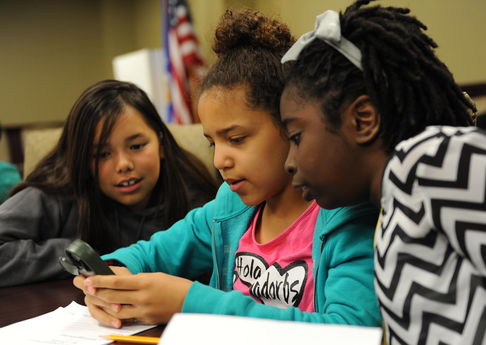 Emylia Moran, Mia Henderson and J’Lah Hall, Biloxi school system students, use a weather observation kestrel while visiting the 335th Training Squadron weather facility during Biloxi Career Exploration Day Feb. 11, 2016, Keesler Air Force Base, Miss. The school-aged children also toured the 334th TRS air traffic control school, 81st Security Forces Squadron canine facility, 53rd Weather Reconnaissance Squadron and the Keesler Fire Department. (U.S. Air Force photo by Kemberly Groue)