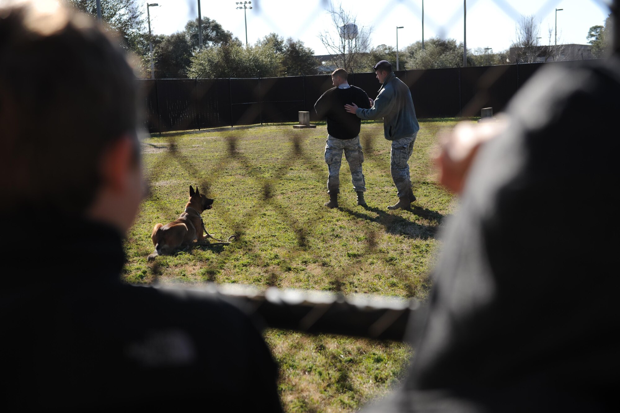 Senior Airmen Timothy Poissant and Timothy Dawson, 81st Security Forces Squadron military working dog handlers, and Zeno, 81st SFS military working dog, stage a scenario for school-aged children at the 81st SFS canine facility during Biloxi Career Exploration Day Feb. 11, 2016, Keesler Air Force Base, Miss. The children also toured the 334th Training Squadron’s air traffic control school, 335th TRS weather facility, 53rd Weather Reconnaissance Squadron and the Keesler Fire Department. (U.S. Air Force photo by Kemberly Groue)