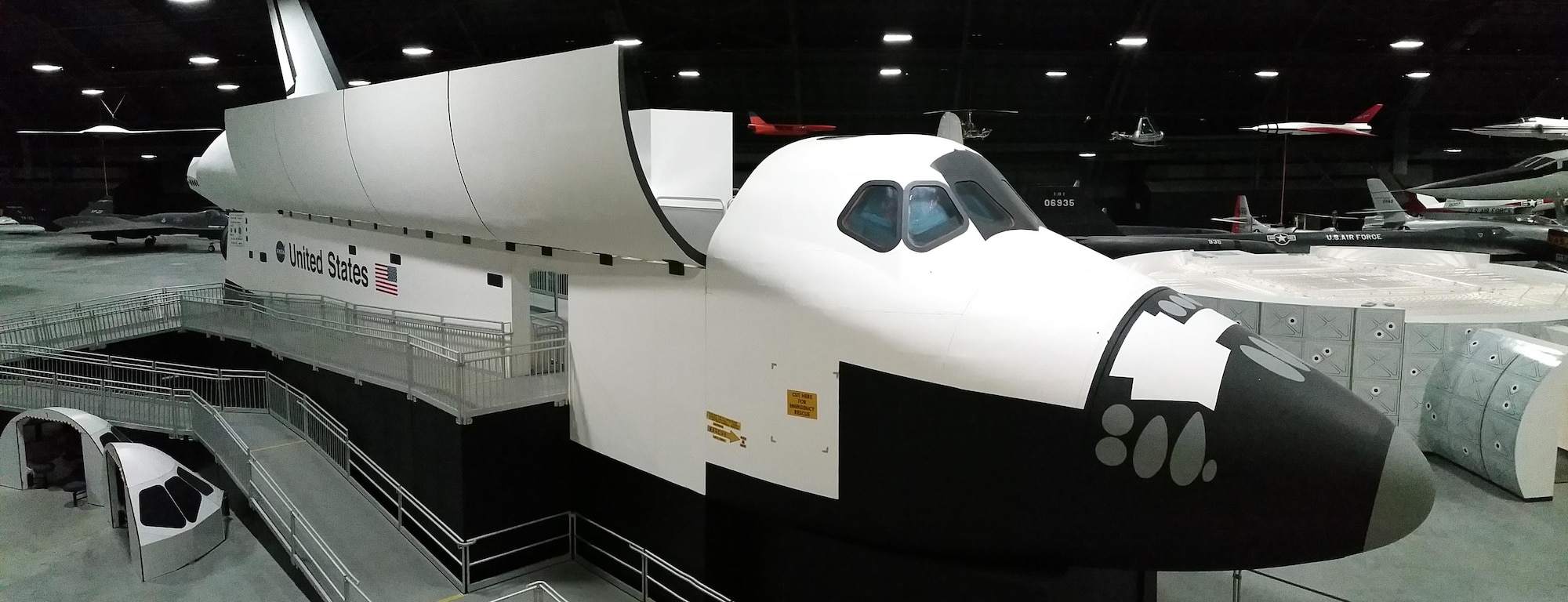 The Space Shuttle Exhibit featuring NASA's first Crew Compartment Trainer (CCT) in the Space Gallery at the National Museum of the U.S. Air Force. (U.S. Air Force photo)