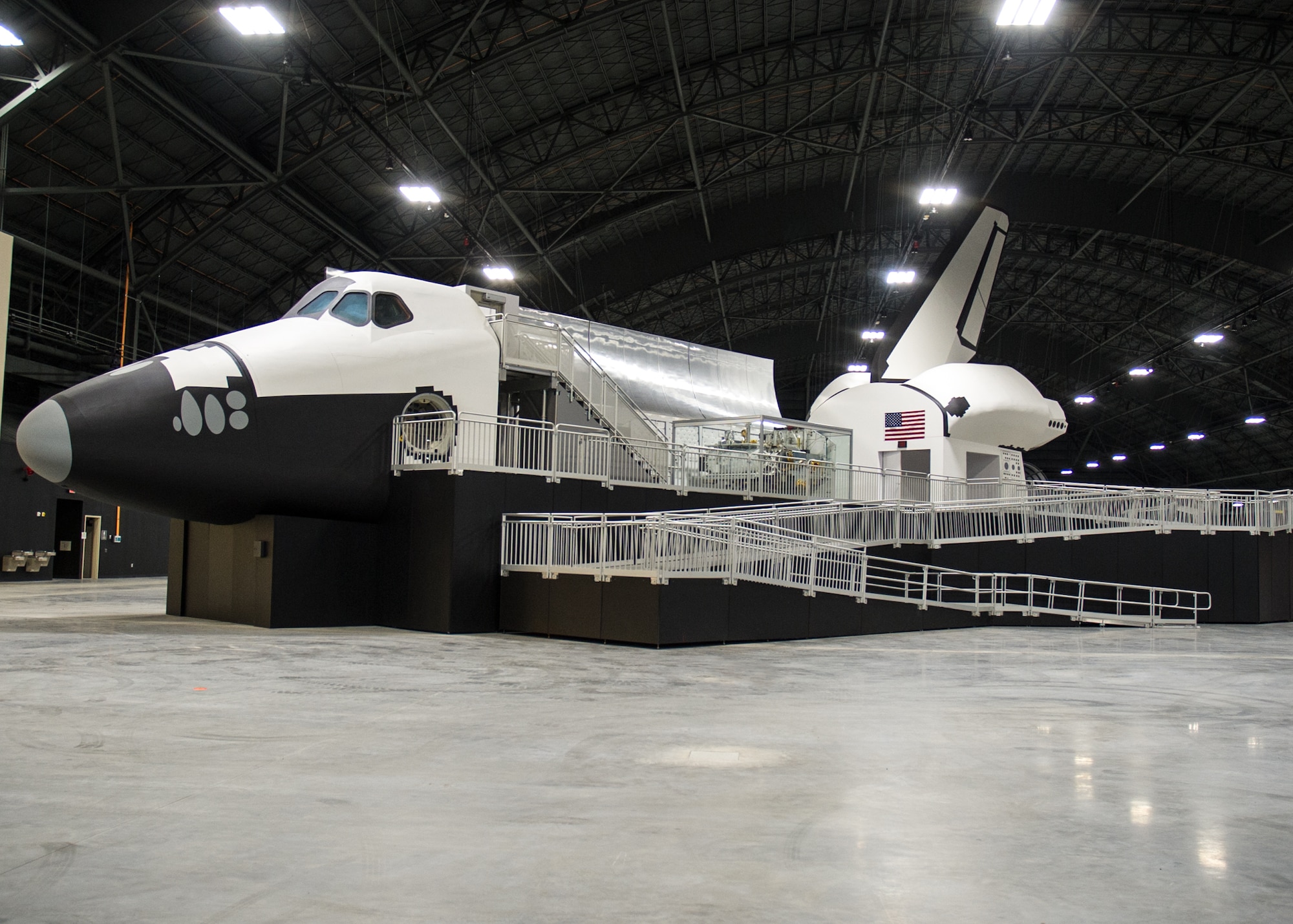 The Space Shuttle Exhibit featuring NASA's first Crew Compartment Trainer (CCT) in the Space Gallery at the National Museum of the U.S. Air Force. (U.S. Air Force photo)