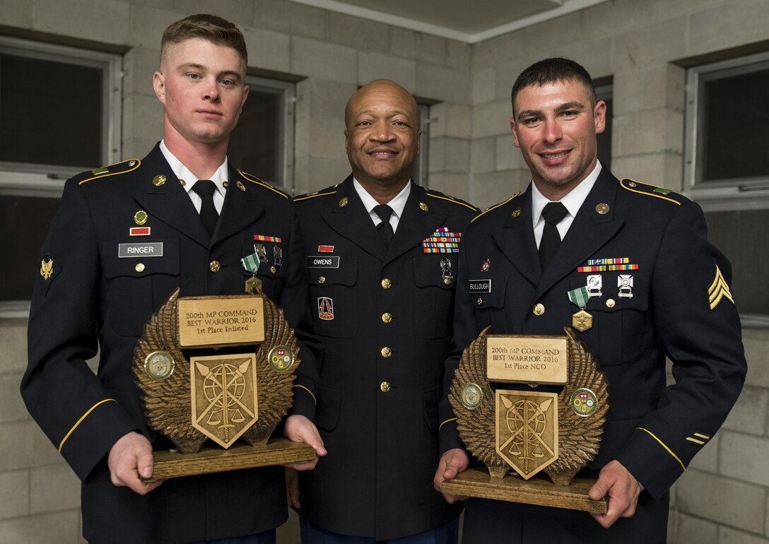 U.S. Army Reserve Spc. Micah Ringer, a military police from Beaver, Pa., and Sgt. John Bullough, a wheeled vehicle mechanic from Baltimore, pose with Command Sgt. Maj. Craig Owens, the 200th MP Command's top enlisted Soldier, Feb. 11 after being named the command's top Soldiers at this year's 200th MP Cmd. Best Warrior Competition at Camp Blanding, Fla. Ringer and Bullough, both members of the 400th MP Battalion, will move on to the U.S. Army Reserve Command competition in May. (U.S. Army photo by Master Sgt. Michel Sauret)