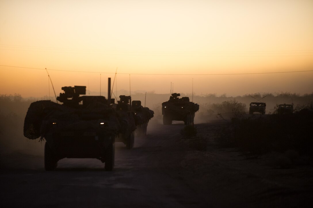 Stryker vehicles with 3rd Cavalry Regiment move in a convoy at the National Training Center, Fort Irwin, Calif., Feb. 12, 2016. The National Training Center conducts tough, realistic, training to prepare brigade combat teams and other units for combat. (U.S. Army photo by Staff Sgt. Alex Manne/Released)
