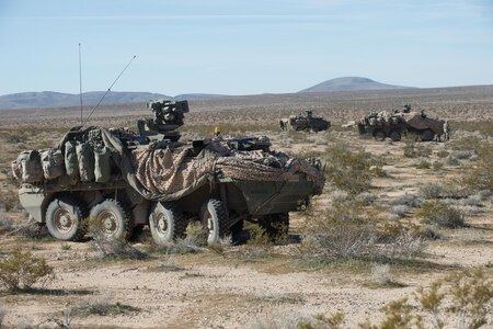 Stryker vehicles with 3rd Cavalry Regiment sit in security positions at the National Training Center, Fort Irwin, Calif., Feb. 12, 2016. While at NTC, Soldiers undergo tough, realistic Unified Land Operations with other participants to prepare brigade combat teams and other units for combat. (U.S. Army photo by Staff Sgt. Alex Manne/Released)