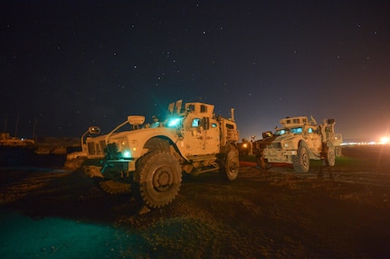 Mine-resistant ambush protected all-terrain vehicle (MATV) with 3rd Cavalry Regiment prepare to move in a convoy at the National Training Center, Fort Irwin, Calif., Feb. 12, 2016. While at NTC, Soldiers undergo tough, realistic Unified Land Operations with other participants to prepare brigade combat teams and other units for combat. (U.S. Army photo by Staff Sgt. Alex Manne/Released)
