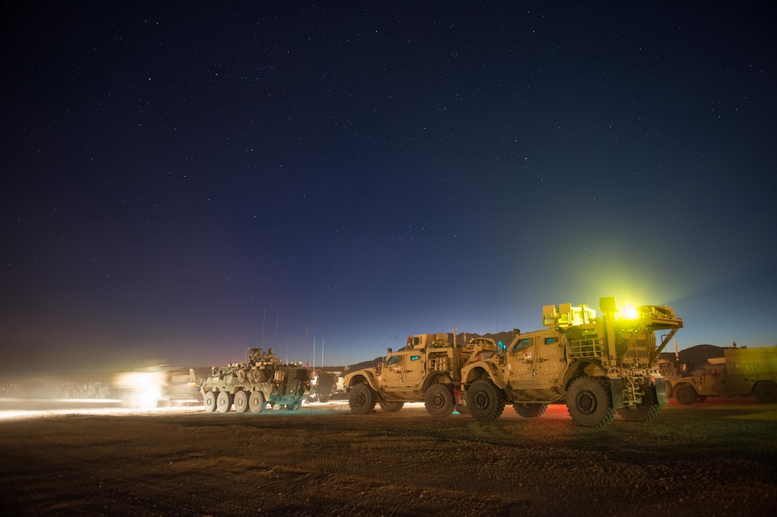 Mine-resistant ambush protected all-terrain vehicle (MATV) with 3rd Cavalry Regiment prepare to move in convoy at the National Training Center, Fort Irwin, Calif., Feb. 12, 2016. The National Training Center conducts tough, realistic, training to prepare brigade combat teams and other units for combat. (U.S. Army photo by Staff Sgt. Alex Manne/Released)