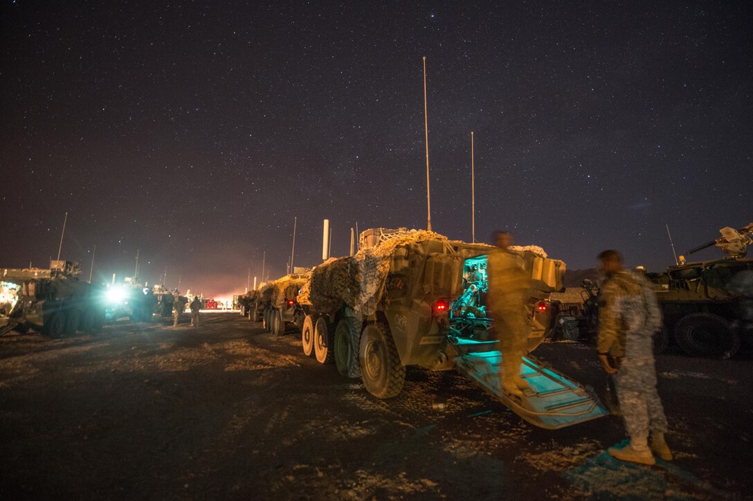 U.S. Army Soldiers with 3rd Cavalry Regiment prepare their Stryker vehicle to move in a convoy at the National Training Center, Fort Irwin, Calif., Feb. 12, 2016. The National Training Center conducts tough, realistic, training to prepare brigade combat teams and other units for combat. (U.S. Army photo by Staff Sgt. Alex Manne/Released)