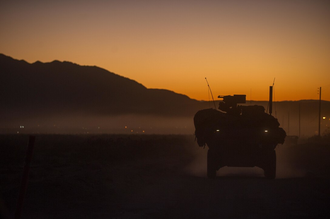 A Stryker vehicle travels while operating as part of a convoy at the National Training Center on Fort Irwin, Calif., Feb. 12, 2016. Army photo by Staff Sgt. Alex Manne