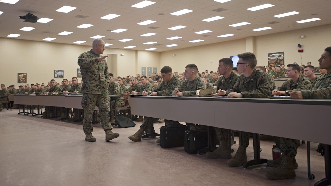 37th Commandant of the Marine Corps Gen. Robert B. Neller speaks to Marines with Golf Company at The Basic School in Marine Corps base Quantico, Virginia Feb. 17, 2016.  Neller discussed the role of Marine leaders, expectations of their Marines and the future of the Corps.