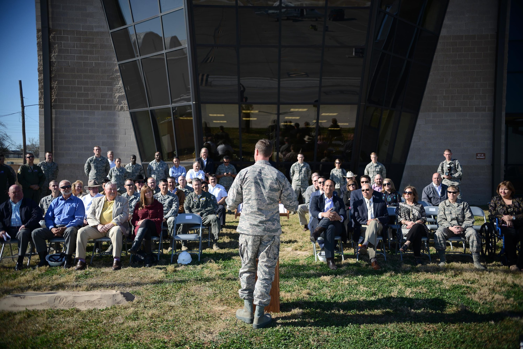 Col. Thomas Shank, 47th Flying Training Wing commander, speaks during a groundbreaking ceremony on the flight line at Laughlin Air Force Base, Texas, Feb. 16, 2016. The groundbreaking ceremony celebrated the start of the Laughlin Airfield Drainage Project. (U.S. Air Force photo by Senior Airman Ariel D. Partlow)