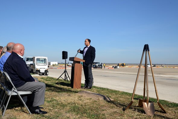 U.S. Rep. Will Hurd, Texas’ 23rd Congressional District congressman, speaks to members of Laughlin Air Force Base, Texas, Feb. 16, 2016. Hurd visited Laughlin to take part in the groundbreaking for the Laughlin Airfield Drainage Project that targets a decades-long flooding problem. (U.S. Air Force photo by Airman 1st Class Brandon May)