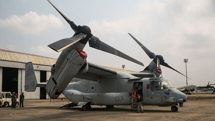 A MV-22 Osprey sits on display for Thai, Malaysian and Japanese service members and spectators to tour during a noncombatant evacuation demonstration as part of exercise Cobra Gold 16 at Utapao, Thailand, February 17, 2016. The Osprey brings a longer travel range and bigger capacity for supplies compared to traditional helicopters, but it can access tighter spaces than a traditional fixed-wing aircraft. Cobra Gold is a multi-national exercise designed to increase cooperation and advance the Pacific region’s peace and interoperability. The Osprey is with Marine Medium Tiltrotor Squadron 262, Marine Aircraft Group 36, 1st Marine Aircraft Wing, III Marine Expeditionary Force. 