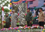 U.S. Army 1st Lt. Quintin Duenas, a Guam native, gives his remarks during the dedication ceremony of the Ban Phromnimit construction project Feb. 16 at Sakeao, Thailand. The construction at Ban Phromnimit was one of six humanitarian civic action sites in which the Thai, U.S. and partner nation’s militaries will work together on civic programs during Cobra Gold 2016. Cobra Gold, in its 35th iteration, demonstrates the commitment of the Kingdom of Thailand and the U.S. to our long-standing alliance and regional partnership toward advancing prosperity and security in the Asia-Pacific region. Duenas is the officer in charge with HCA Site 6, Combined Joint Civil Military Operations Task Force. 