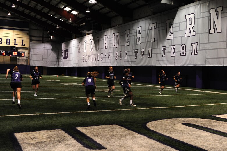 Chicago-area Marines led the Northwestern University women’s lacrosse team in a team-building and physical conditioning exercise at the university’s Nicolette indoor practice facility in Evanston, Ill., Feb. 16, 2016. The Marines taught the players how to react quickly and effectively against rapidly approaching and unforeseeable threats, drawing comparisons from the battlefield and the lacrosse field.