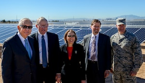 From left to right, Sen. Harry Reid; Paul Caudill, NV Energy CEO; Miranda A.A. Ballentine, Assistant Secretary of the Air Force for Installations, Environment and Energy; Tom Werner, SunPower Corp. CEO; and Col. Richard Boutwell, 99th Air Base Wing commander, pose for a photo at the Nellis Solar Array II Feb. 16, 2016, Nellis Air Force Base, Nev. The U.S. Air Force unveiled the new array during a dedication ceremony on base. (U.S. Air Force photo by Airman 1st Class Kevin Tanenbaum) 