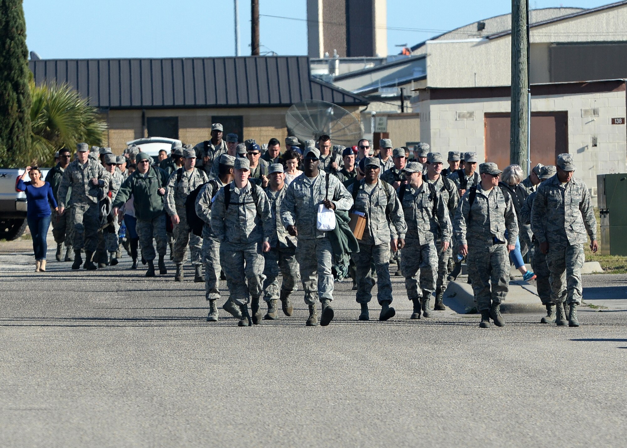 Airmen return to Tyndall Air Force Base, Fla., after a temporary deployment to Nellis Air Force Base, Nev., for the Red Flag 16-1 exercise Feb. 13, 2016. The family members of Airmen lined up around the flightline to greet their loved ones after being separated for almost a month. The mission of Red Flag is to train pilots and other flight crew members from the U.S. and allied countries for real air combat situations. (U.S. Air Force photo by Airman 1st Class Cody R. Miller/Released)