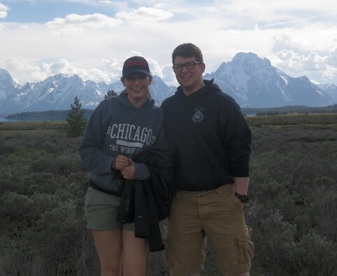Senior Airman Katlyn Pascucci and Senior Airman John Lucic stop for a photo opportunity during their 8300-mile trip across the United States. (U.S. Air Force photo contributed)
