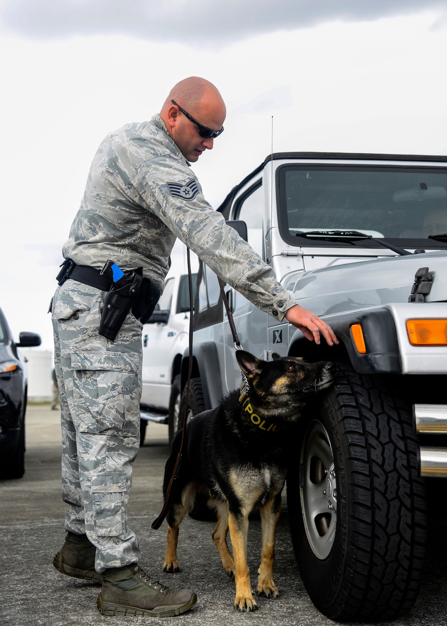 Staff Sgt. Matthew Mcelyea, military working dog (MWD) handler with the 6th Security Forces Squadron, instructs MWD Apacs to search a vehicle during a major accident response exercise (MARE) at MacDill Air Force Base, Fla., Feb. 9, 2016. Over the course of two days, emergency response personnel conducted two MARE’s to include an aircraft crash and active-shooter scenario; to prepare for any mishaps that may occur during the Tampa Bay AirFest scheduled to take place March 19 and 20. (U.S. Air Force photo by Staff Sgt. Melanie Hutto)
