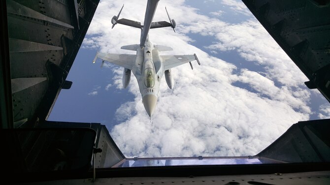 JOINT BASE MCGUIRE-DIX-LAKEHURST, N.J. - East of Athens over the Aegean Sea, Reserve KC-10 aircrew practice air refueling with American and Greek fighter pilots flying the F-16 Fighting Falcon Jan. 25-Feb. 4 as part of ongoing Operation Atlantic Resolve. (U.S. Air Force photo/Master Sgt. Donna T. Jeffries)