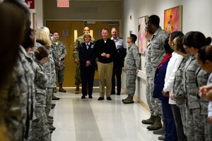 U.S. Navy Rear Adm. Kenneth Iverson, commander of Navy Medicine East and the Tidewater Enhanced Multi-service Market, and U.S. Air Force Col. Susan Pietrykowski, 633rd Medical Group commander, greet hospital staff at Langley Air Force Base, Va., Feb. 12, 2016. The USAF Hospital Langley is now the only level II Neonatal Intensive Care Unit in an Air Force hospital. (U.S. Air Force photo by Senior Airman Kayla Newman)