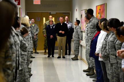 U.S. Navy Rear Adm. Kenneth Iverson, commander of Navy Medicine East and the Tidewater Enhanced Multi-service Market, and U.S. Air Force Col. Susan Pietrykowski, 633rd Medical Group commander, greet hospital staff at Langley Air Force Base, Va., Feb. 12, 2016. The USAF Hospital Langley is now the only level II Neonatal Intensive Care Unit in an Air Force hospital. (U.S. Air Force photo by Senior Airman Kayla Newman)