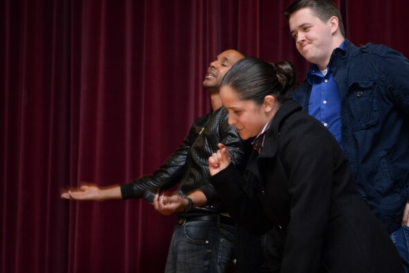 U.S. Air Force Airmen act out a skit Feb. 9, 2016, in the base theater on RAF Mildenhall, England. The Sexual Assault Prevention and Response office held a training seminar to inform Airmen around base about the new “#SaySomething: Bystander Intervention Initiative.” During the skit, the Airmen acted out a potential DUI scenario where the best course of action was highlighted and relayed back to the audience when the actors’ plan fell through. (U.S. Air Force photo by Staff Sgt. Micaiah Anthony/Released)
