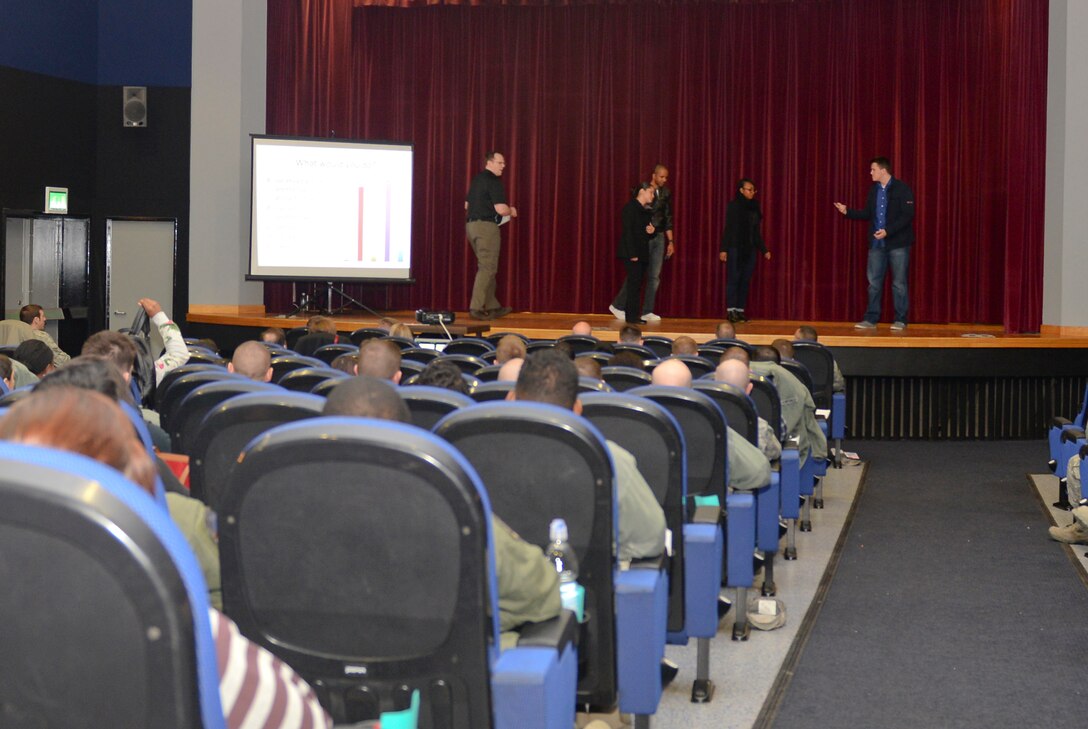 U.S. Air Force Airmen act out a skit Feb. 9, 2016, in the base theater on RAF Mildenhall, England. The Sexual Assault Prevention and Response office held a training seminar to inform Airmen around base about the new “#SaySomething: Bystander Intervention Initiative.” The campaign provides real-life scenarios of inappropriate behavior in public settings to provide opportunities for members of Team Mildenhall to step-up and step-in. The skits performed ranged from a minor disagreement in the wrong setting, to inappropriate behavior with sexual overtones, and are designed to encourage everyone to step in and stop the event when necessary. (U.S. Air Force photo by Staff Sgt. Micaiah Anthony/Released)