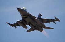 An F-16CM Fighting Falcon from the Tucson Air National Guard Base, Ariz., flies over Nellis AFB, Nev., during Red Flag 16-1, Feb. 5, 2016. More than 130 aircraft and 3,000 personnel from more than 30 units including squadrons from Australia and the United Kingdom are participating in the most realistic combat training available. (U.S. Air Force photo by Senior Airman Alex Fox Echols III/Released)  
