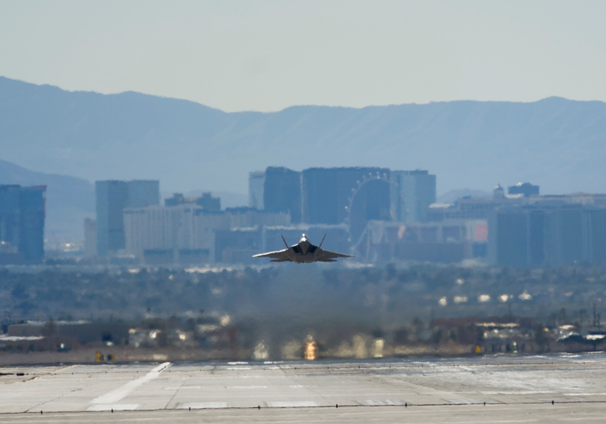 An F-22 Raptor from Tyndall AFB, Fla., takes off from Nellis AFB, Nev., during Red Flag 16-1, Feb. 5, 2016. Tyndall Airmen are honing their skills with three weeks of exercise training alongside squadrons from around the world. (U.S. Air Force photo by Senior Airman Alex Fox Echols III/Released)  