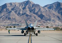 A Royal Australian Air Force F/A-18F Super Hornet taxis onto the flightline during Red Flag 16-1, Feb. 2, 2016 at Nellis AFB, Nev. Each unit participating in Red Flag brings their specific expertise and talents to the table. (U.S. Air Force photo by Senior Airman Alex Fox Echols III/Released)  