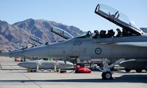 Royal Australian Air Force F/A-18F Super Hornet pilots wait to taxi on the flightline during Red Flag 16-1, Feb. 2, 2016 at Nellis AFB, Nev. The Royal Australian Air Force joins the United States and United Kingdom to train in a degraded, operationally limited environment. (U.S. Air Force photo by Senior Airman Alex Fox Echols III/Released)  