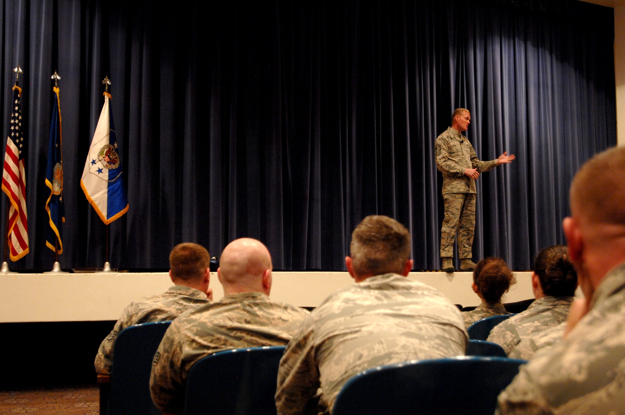 PETERSON AIR FORCE BASE, Colo. - Chief Master Sgt. of the Air Force James Cody addresses questions from the audience in the Peterson Air Force Base auditorium February 11. NCOs from NORAD and USNORTHCOM, Peterson AFB, Schriever AFB and Cheyenne Mountain Air Force Station completely filled the 300-plus person venue. (U.S. Air Force photo by Master Sgt. Chuck Marsh)
