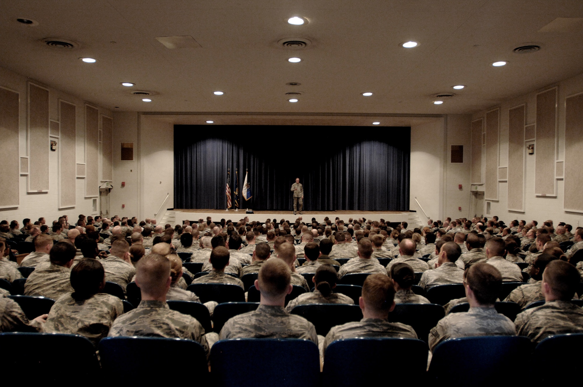 PETERSON AIR FORCE, Colo. - Chief Master Sgt. of the Air Force James Cody addresses questions from the audience in the Peterson Air Force Base auditorium February 11. NCOs from NORAD and USNORTHCOM, Peterson AFB, Schriever AFB and Cheyenne Mountain Air Force Station completely filled the 300-plus person venue. (U.S. Air Force photo by Master Sgt. Chuck Marsh)