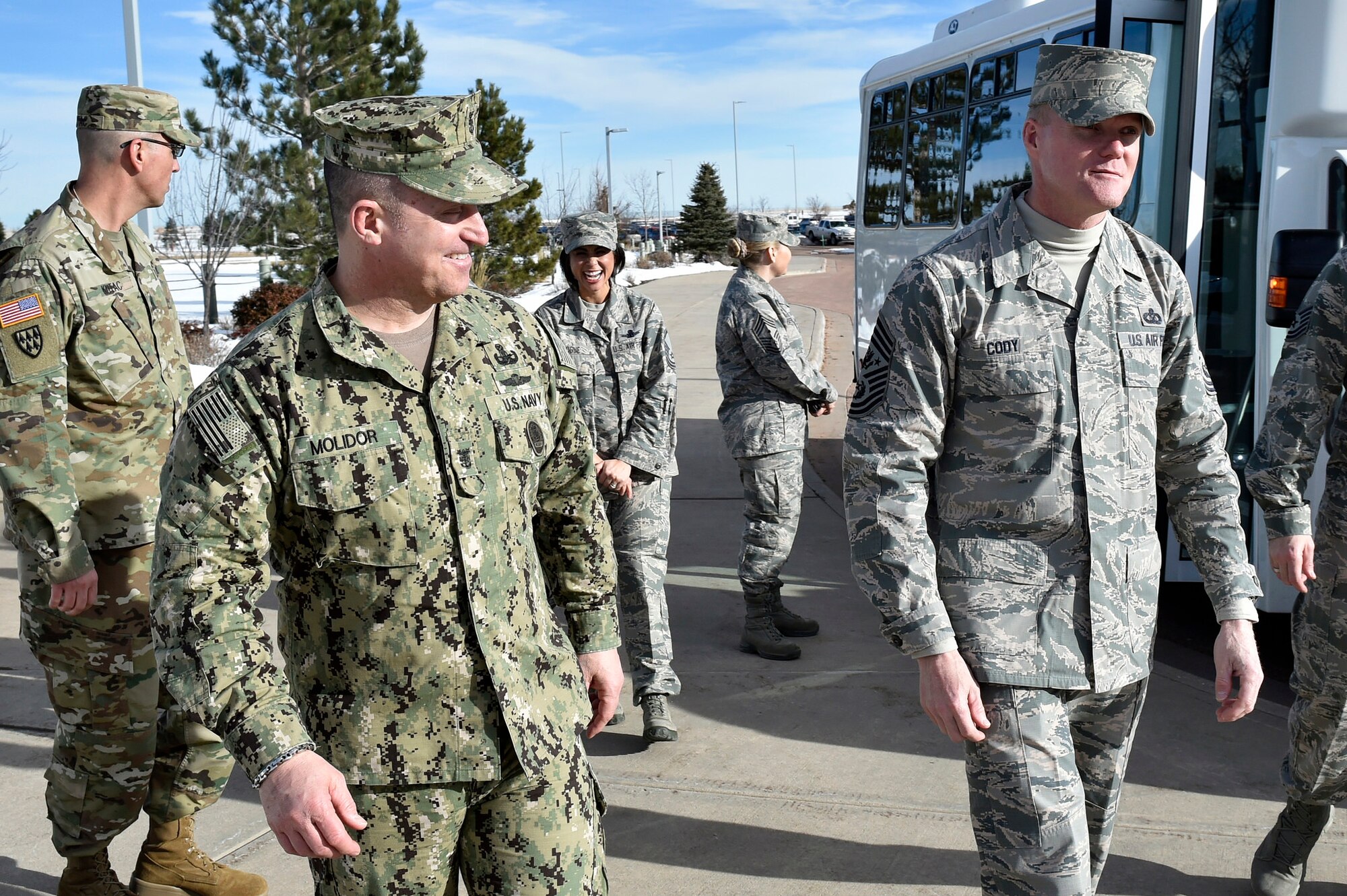 PETERSON AIR FORCE BASE, Colo. - Chief Master Sgt. of the Air Force James Cody is greeted at the North American Aerospace Defense Command and U.S. Northern Command headquarters building February 11 by the Command Senior Enlisted Advisor, Fleet Master Chief Terrence Molidor on Peterson Air Force Base, Colorado.  Cody toured the facility, met with senior enlisted members and recognized several enlisted service members for excellence. (U.S. Air Force Photo by Master Sgt. Andy Bellamy)