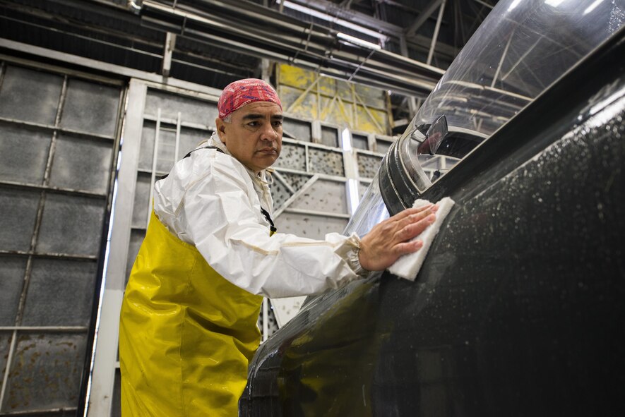 Daniel Perez, 12th Flying Training Wing maintenance directorate painter worker, dries a T-38 Talon Feb. 2 in the new wash-rack inside Hangar 42 on Joint Base San Antonio-Randolph.