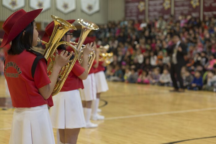 The Fukugawa Elementary School marching band performs at Matthew C. Perry Elementary School at Marine Corps Air Station Iwakuni, Japan, during a cultural exchange Feb. 11, 2016. Fukugawa Elementary School is a member of the Shunan International Children’s Club that visits M.C. Perry Elementary School annually. The 6th annual performance included karate, traditional Japanese dance, a marching band and musical choir.