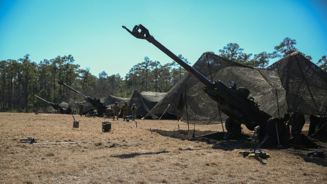 Marines with 1st Battalion, 10th Marine Regiment await fire missions in support of Tactical Air Control Party students during a training exercise at Marine Corps Base Camp Lejeune, N.C., Feb. 11, 2016. The battalion conducts this training several times per year in order to maintain the readiness they need to deploy at a moment’s notice in response to any threat.
