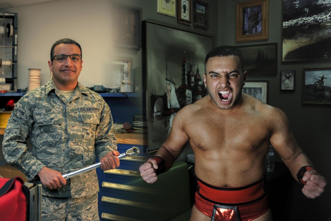 U.S. Air Force Senior Airman Majd Saif, 924th Aircraft Maintenance Squadron A-10C Thunderbolt crew chief, poses for two portraits showing the contrast between his dual life as an Airman and as a professional wrestler. Saif adopts a persona in the ring that is much different from his normal appearance. U.S. Air Force photo illustration by Airman Nathan H. Barbour