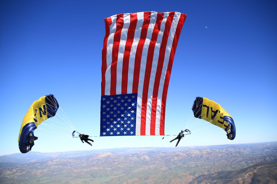 Members of the Leap Frogs, the Navy's parachute team, perform during a training demonstration in San Diego, Feb. 15, 2016. U.S. Navy photo by James Woods