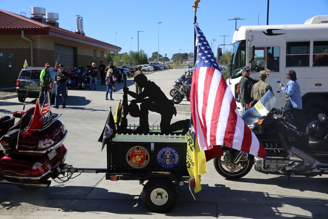 Motorcycles stage at Camp Pendleton Feb. 11, 2016, in preparation to escort the Marines of Combat Logistics Battalion 11 to Naval Base San Diego where they will depart with the 13th Marine Expeditionary Unit. The 13th MEU will be deploying to the Western Pacific and the Middle East. (U.S. Marine Corps photo by Cpl. John Baker)