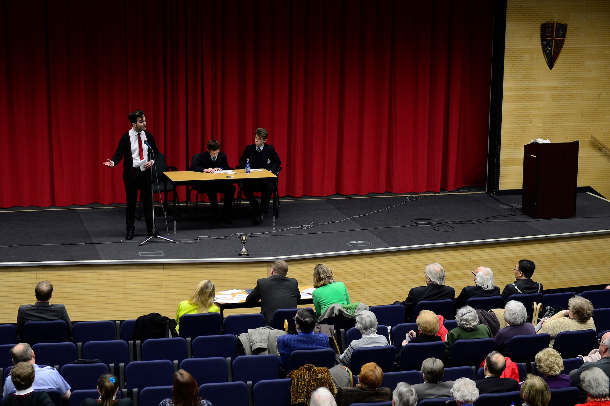 Students from various British schools in the surrounding area participate in the English-Speaking Union debate at Royal Air Force Lakenheath, England, Feb. 11, 2016. The debate not only inspired friendly competition and camaraderie among the different schools, but also instilled a sense of confidence in the students. (U.S. Air Force photo by Airman 1st Class Erin R. Babis/Released)