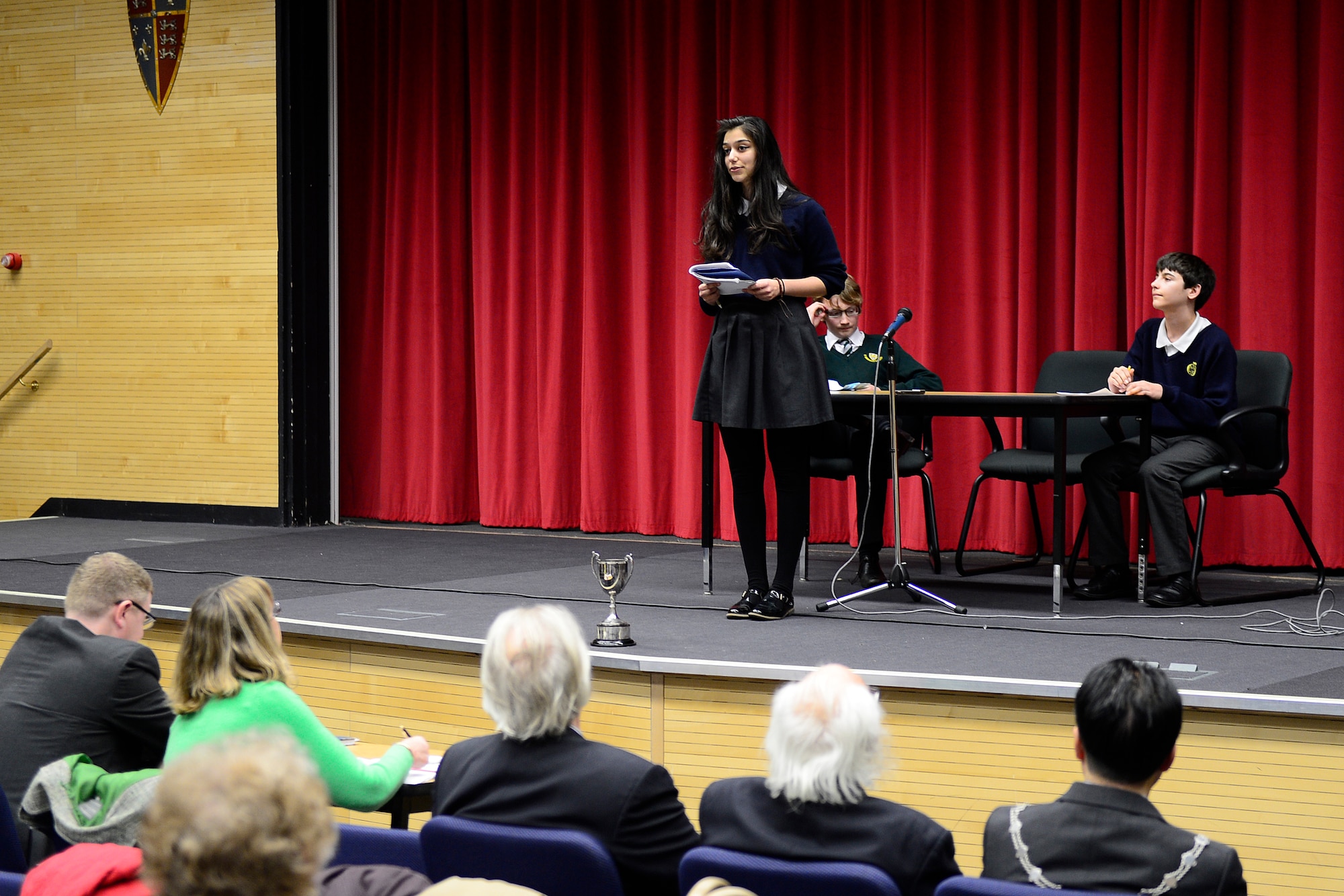 Students from various British schools in the surrounding area participate in the English-Speaking Union debate at Royal Air Force Lakenheath, England, Feb. 11, 2016. The debate not only inspired friendly competition and camaraderie among the different schools, but also instilled a sense of confidence in the students. (U.S. Air Force photo by Airman 1st Class Erin R. Babis/Released)