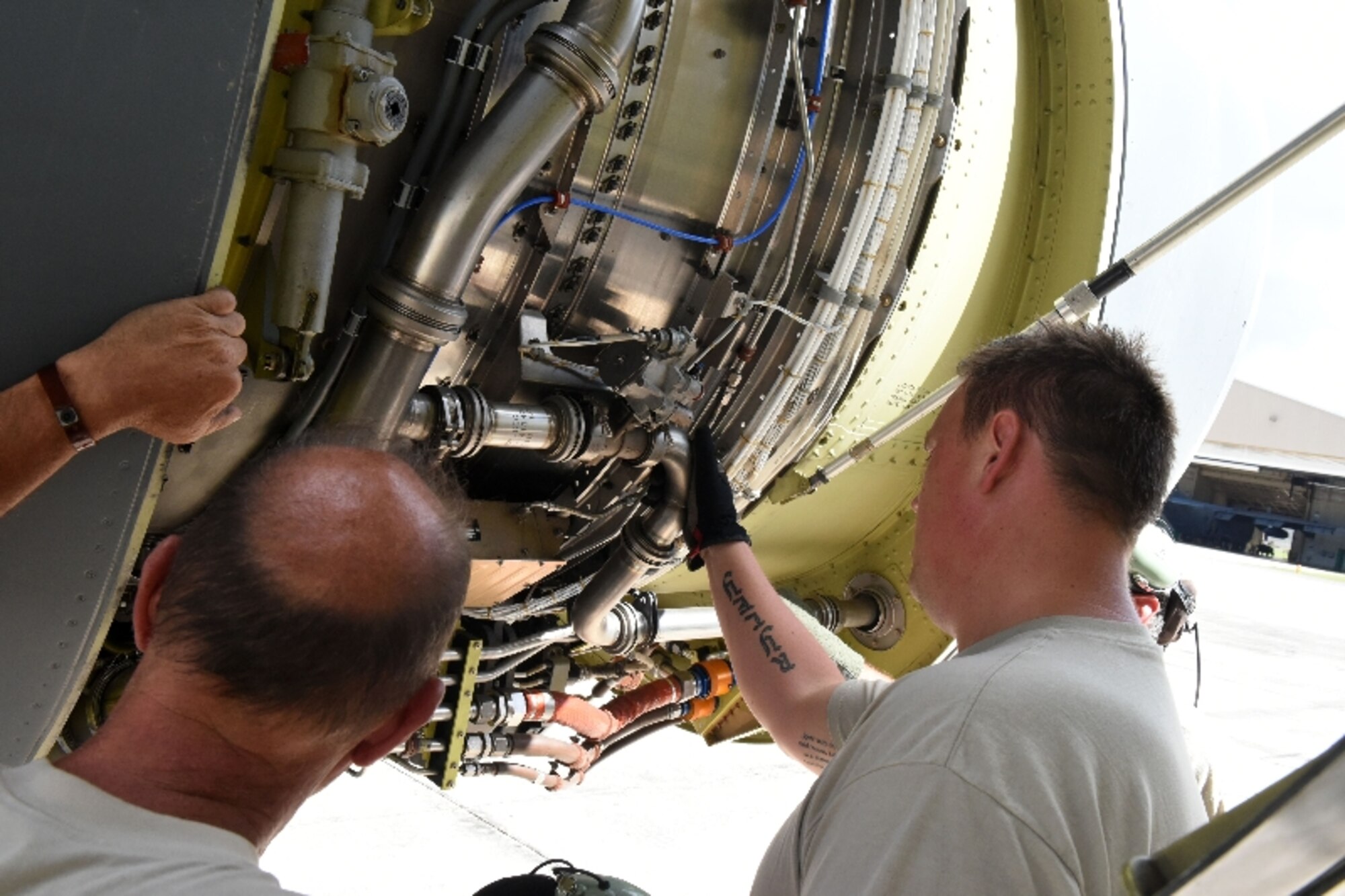 Aircraft maintenance from the Michigan Air National Guard conducts an engine inspections on their KC-135 after safely landing at the 156th Airlift Wing, Muñiz Air National Guard Base, Puerto Rico, Feb. 10, 2016. The 127th Wing, Selfridge Air National Guard Base, Michigan declared an emergency landing due to engine troubles during their transatlantic airlift mission from Africa and received mission support from the PRANG. 
(U.S. Air National Guard photos by Tech. Sgt. Marizol Ruiz /Released)

