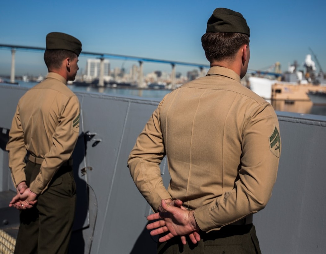 U.S. Marines and Sailors with the 13th Marine Expeditionary Unit man the rails aboard the USS New Orleans as they depart San Diego, California, February 12, 2016. The Boxer Amphibious Ready Group and the 13th MEU will be operating in the Pacific and central Commands area of responsibilities during their western pacific deployment 16-1. (U.S. Marine Corps photo by Sgt. Tyler C. Gregory/released)