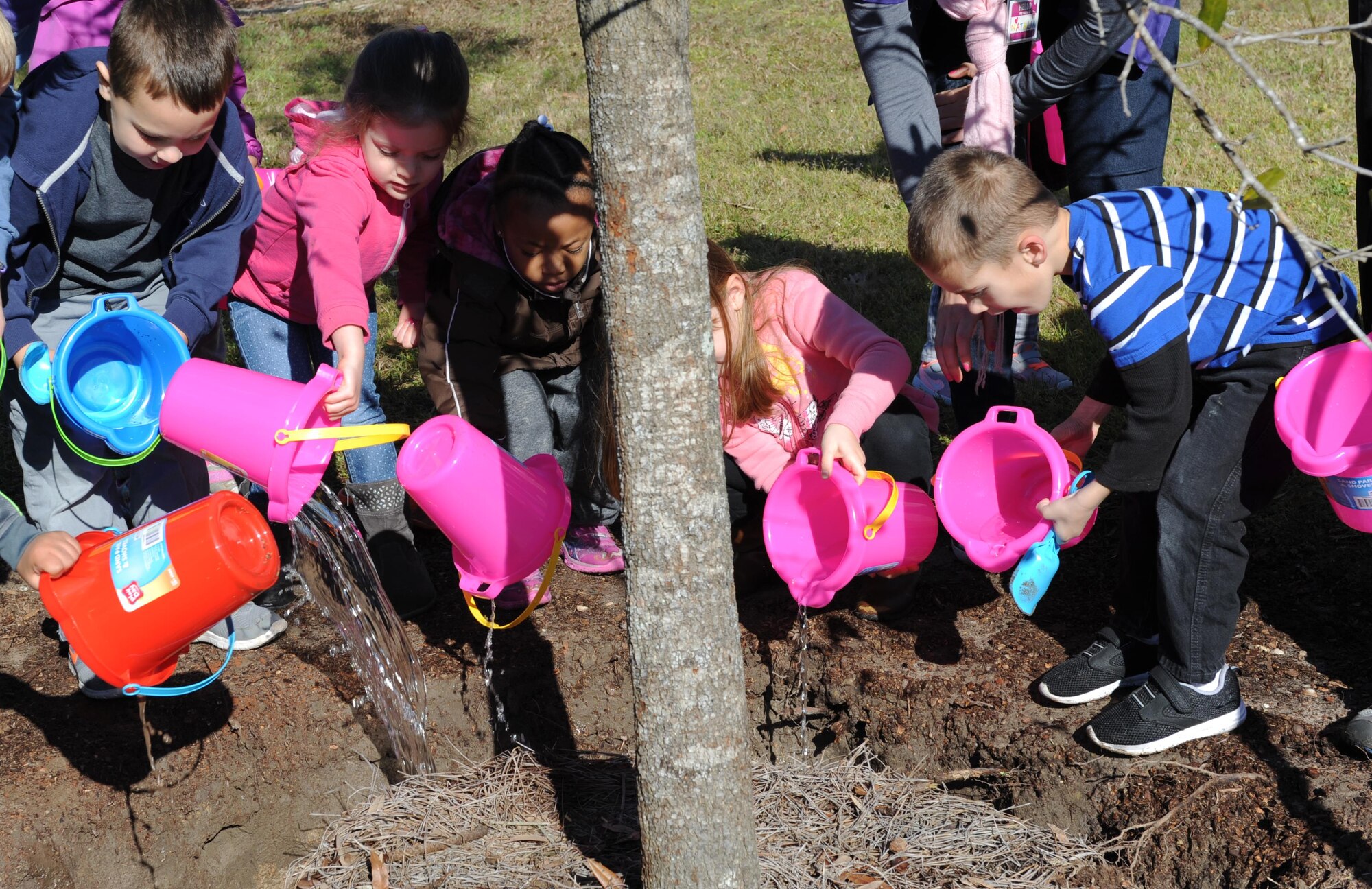 Children from the child development center participate in planting a live oak tree outside of the CDC during an Arbor Day celebration Feb. 16, 2016, Keesler Air Force Base, Miss. Keesler has earned the national Tree City USA honor from the Arbor Day Foundation for the 23rd consecutive year. (U.S. Air Force photo by Kemberly Groue)