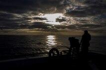 U.S. Navy Sailors with the Boxer Amphibious Ready Group stand aft watch aboard the USS New Orleans, February 16, 2016. Personnel aboard the ship must observe and report all air and sea contacts approaching the USS New Orleans while at sea. (U.S. Marine Corps photo by Sgt. Tyler C. Gregory/released)