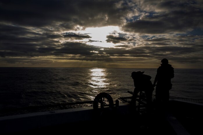 U.S. Navy Sailors with the Boxer Amphibious Ready Group stand aft watch aboard the USS New Orleans, February 16, 2016. Personnel aboard the ship must observe and report all air and sea contacts approaching the USS New Orleans while at sea. (U.S. Marine Corps photo by Sgt. Tyler C. Gregory/released)