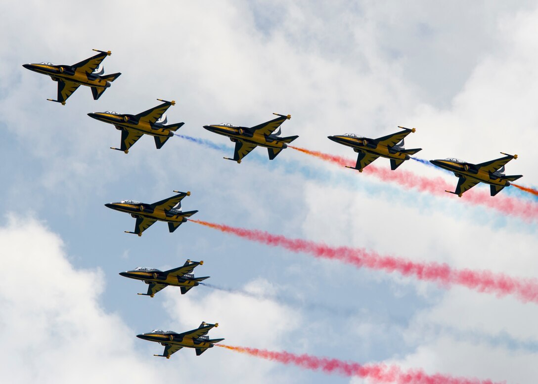 The Republic of Korea Air Force Golden Eagles aerial demonstration team performs during the Singapore International Airshow, at Changi International Airport, Singapore, Feb. 18, 2016. The show is focused on building strong relations between Singapore, the U.S. and the international community. (U.S. Air Force photo by Capt. Raymond Geoffroy/Released)